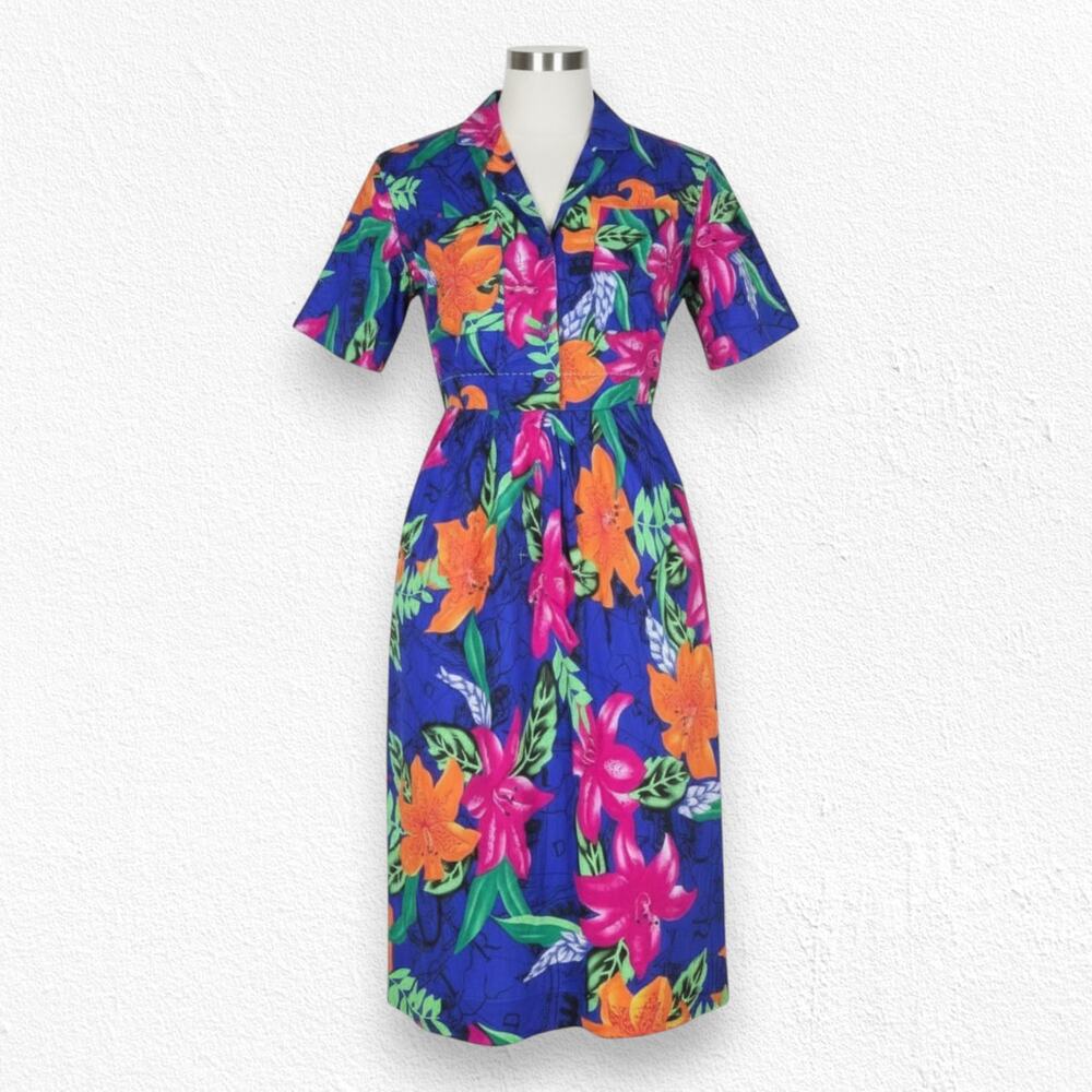 70s Vintage Blue Tropical Floral Island Midi Blouson Dress USA Made Size 6
